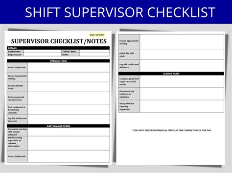 daily shift supervisor checklist daily production goals ms editable