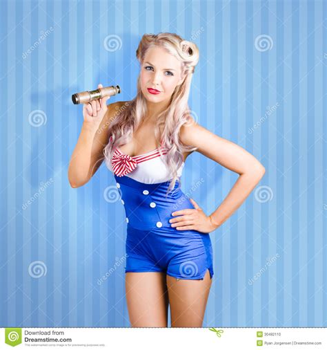 Retro Style Pin Up Sailor Girl On Blue Background Stock