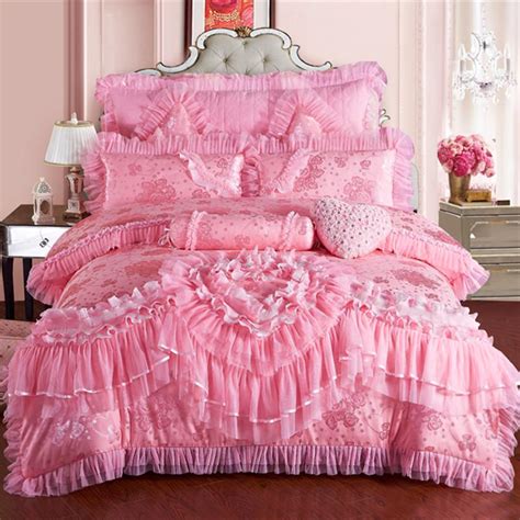 Pink Lace Princess Wedding Luxury Bedding Set King Queen