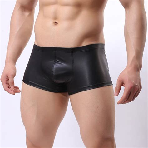 men sexy underwear boxers black faux leather gay shorts night clubwear