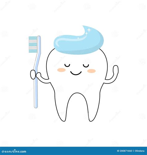 cute tooth character with toothpaste cap holding toothbrush kawaii