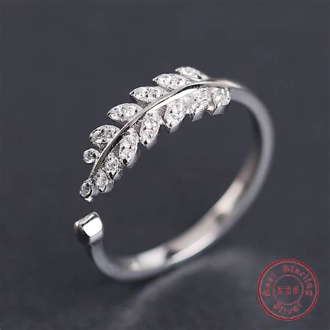 real  sterling silver ring  women  design leaves cz diamond