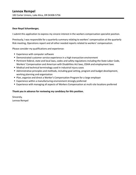 workers compensation specialist cover letter velvet jobs