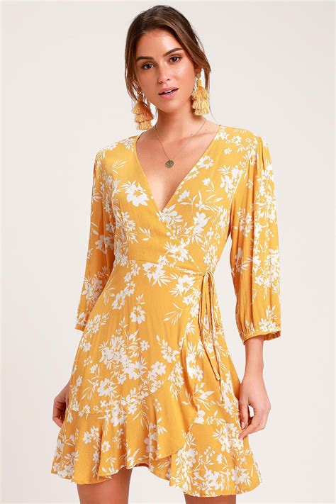 floral    mustard yellow floral print wrap dress summer