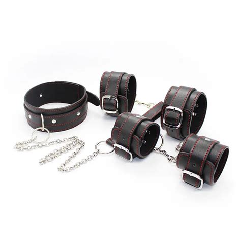 pu leather black bdsm neck collar hand cuffs and ankle cuffs hands wrist