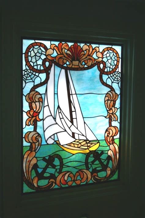 Beach House Living Antique Stained Glass Sailboat Window