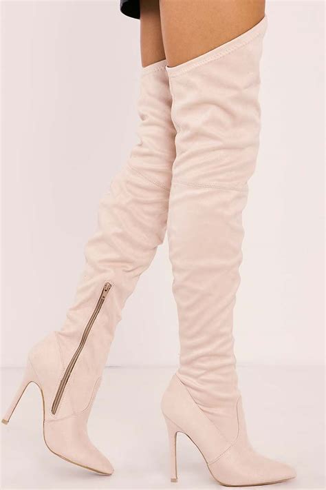 cream faux suede over the knee heeled boots in the style