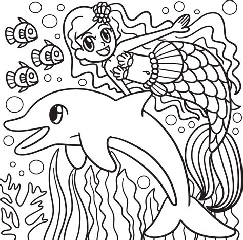 swimming mermaid  dolphin coloring page  vector art  vecteezy