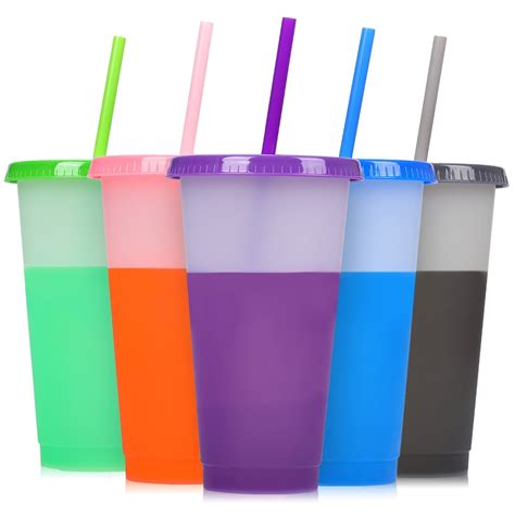 oz clear reusable plastic cups  pack plastic tumblers  lids  straws color changing