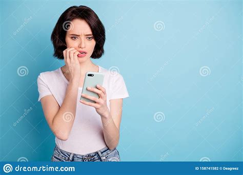 Portrait Of Her She Nice Attractive Worried Nervous Girl Using App 5g