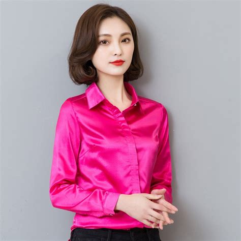 hot sale women imitation silk satin blouse button long sleeve lapel ladies office slim work