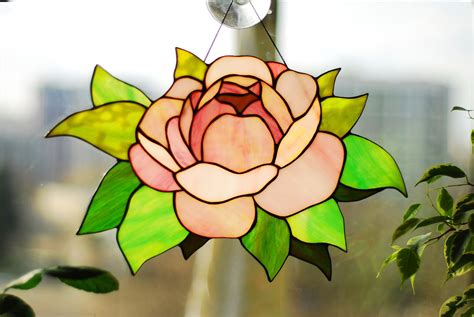 stained glass peony stained glass window hanging pink peony etsy