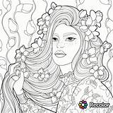Coloring Pages Hair Long Girl Beautiful Woman Flowers Printable Book Curly Girls Adult Crazy Women Recolor Her Drawing Adults Beauty sketch template