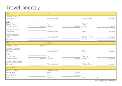printable travel itinerary  organised housewife