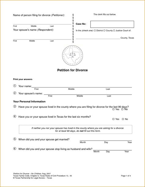 printable divorce decree forms  printable