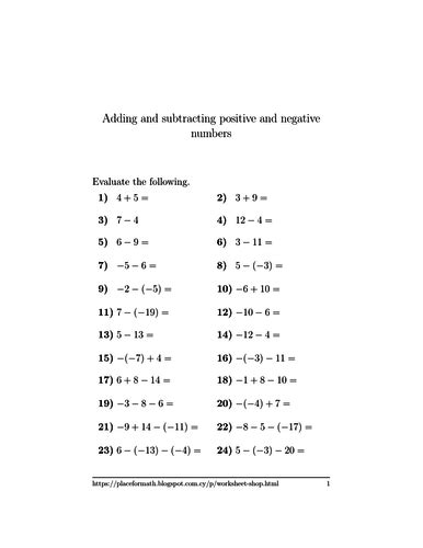 adding  subtracting positive  negative numbers worksheet