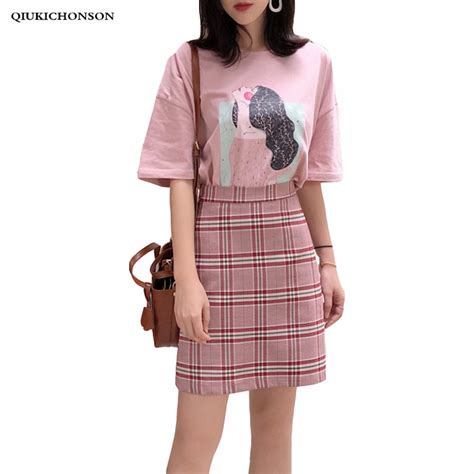 qiukichonson pink t shirt top and plaid skirt set ladies 2018 korean