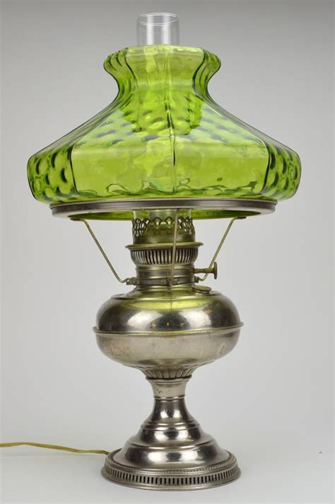 Rayo Antique Nickel Hurricane Lamp With Green Art Glass