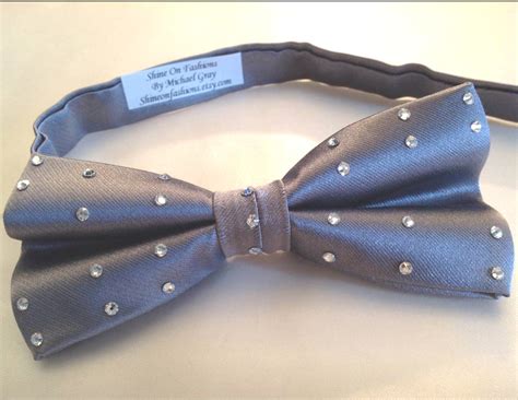 Gray Satin Bow Tie With Clear Rhinestones For Men Or Women