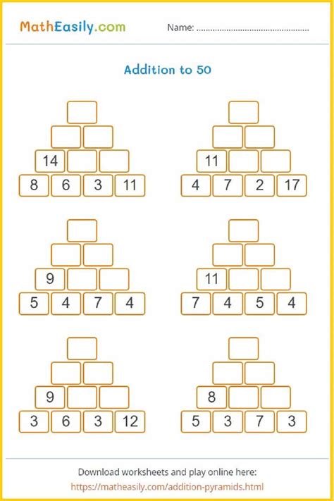 math number pyramid puzzle game worksheets