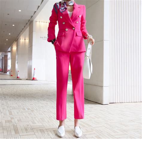 new hot women s women s pink double breasted suit two piece suit
