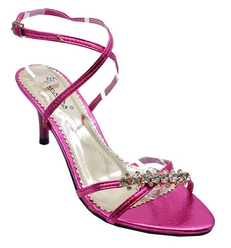 Ladies Pink Kitten Heel Strappy Evening Diamante Elegant Sandals Shoes