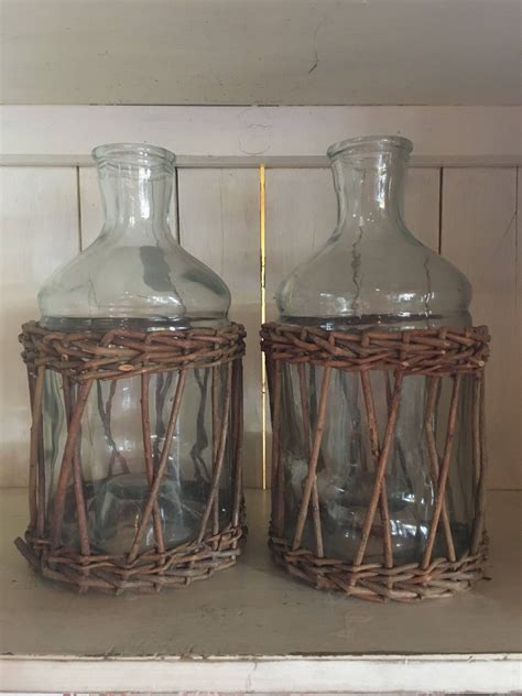 Glass And Wicker Vases Pair Etsy Wicker Vase Glass