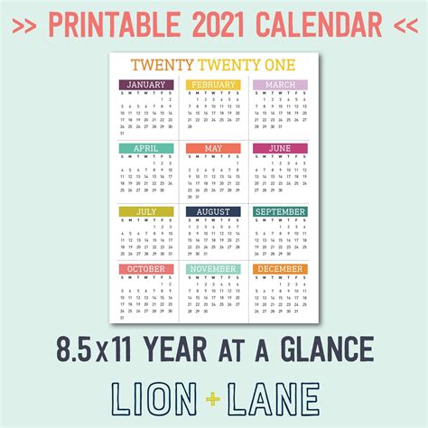 year  glance  printable month calendar printable