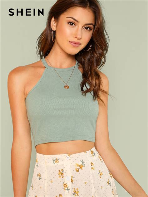 buy shein steel gray casual rib knit fitted crop