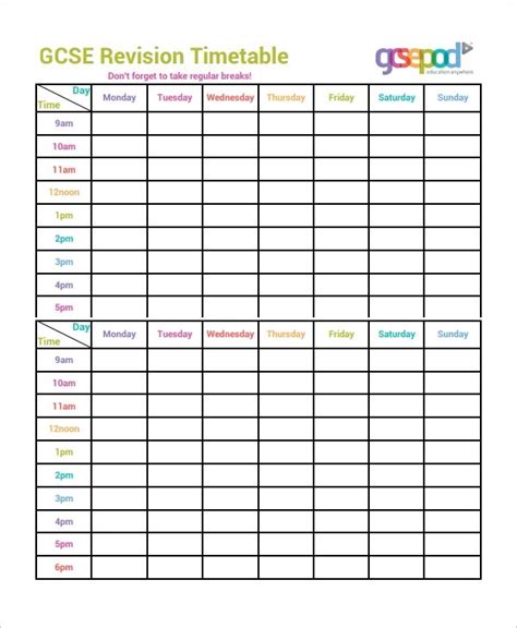 timetable template sample  format revision timetable