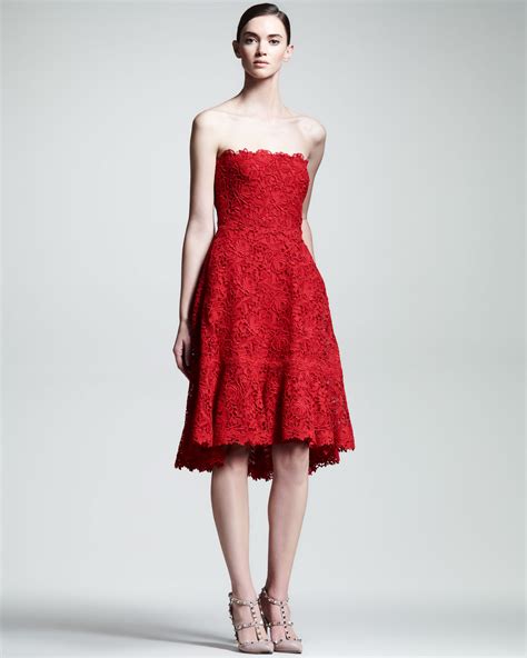Valentino Voulant Lace Strapless Dress In Red Lyst