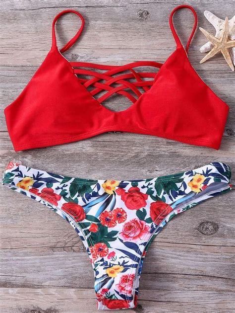 red lattice bikini top and floral bottom swimsuits in 2019 floral