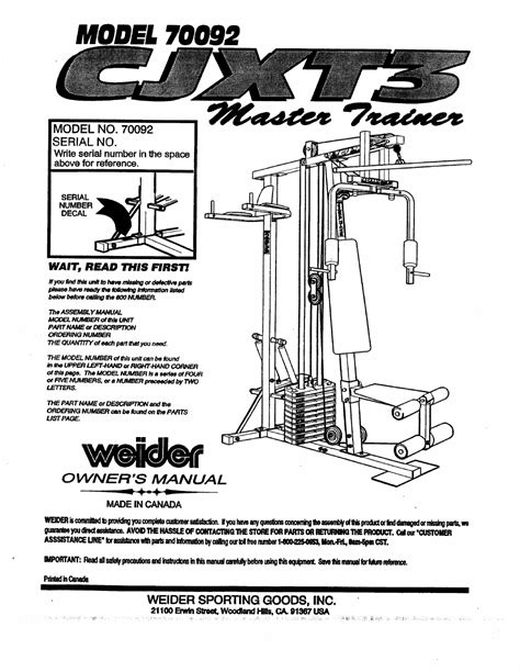 weider cjxt master cross trainer  users manual     pages