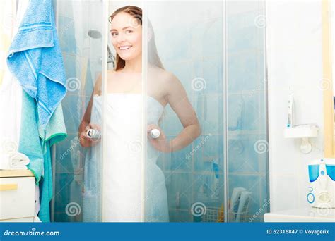 Woman Showering In Shower Cabin Cubicle Stock Image Image Of