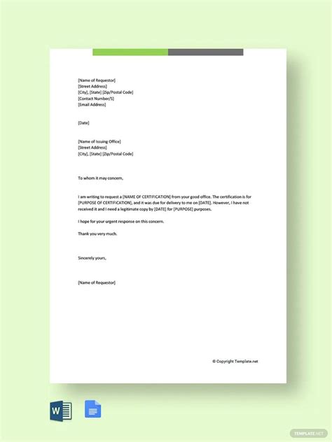 certification request letter template  word google docs pages