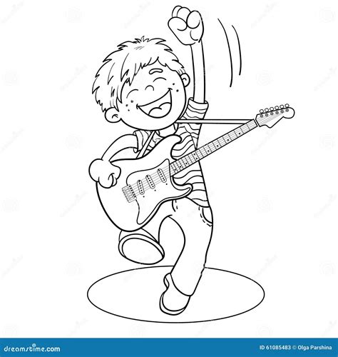 coloring page outline   cartoon boy   guitar stock vector