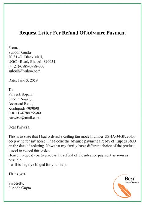 request letter  refund template format sample