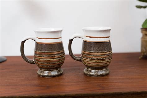 vintage studio mugs pair  striped pottery mugs brown ceramic