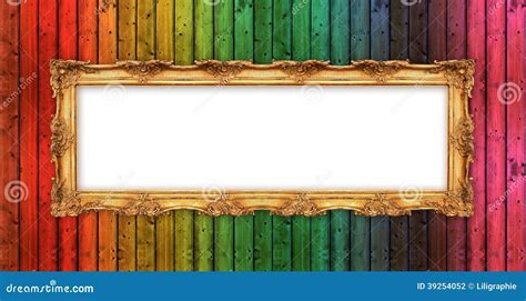 long  golden frame  colorful wooden wall stock photo image  gallery isolated