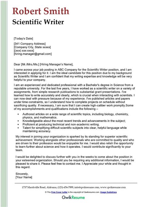 scientific writer cover letter examples qwikresume