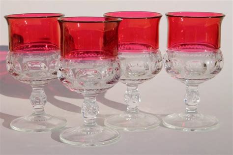 Vintage Ruby Flashed King S Crown Pattern Glass Stemware Set Of 4 Wine