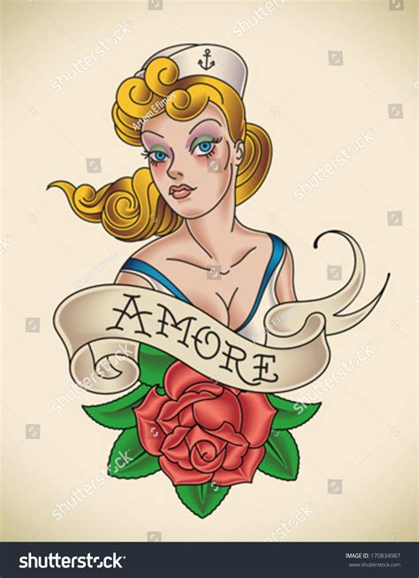 oldschool navy tattoo pinup lady red stock vector 170834987 shutterstock