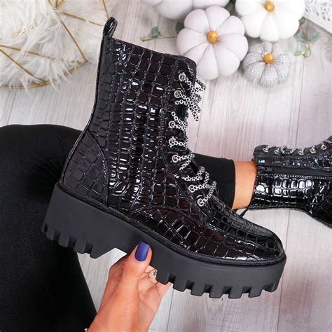 Womens Ladies Chunky Ankle Boots Black Croc Lace Up Platform Women