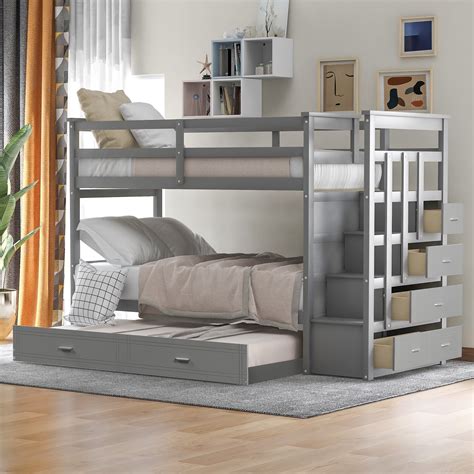 segmart      wood bunk bed twin  twin  trundle solid wood easy