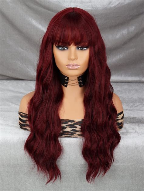 Natural Long Curly Synthetic Wig With Bangs Red Hair With Bangs Wigs