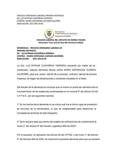 Proceso Ordinario Laboral Primera Instancia Auto Inadmite Demanda