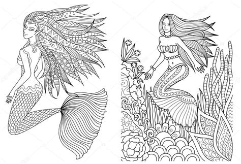 beautiful mermaids swimming sea setfor adult coloring book coloring