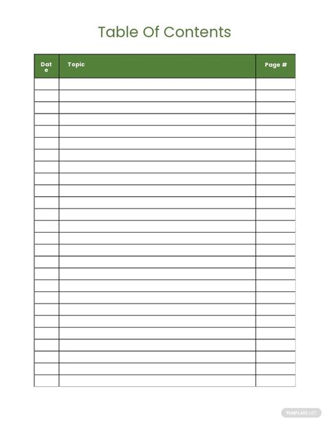 blank table  contents template templatenet table  contents