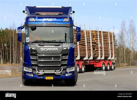 lieto finland april   blue scania  logging truck