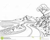 Strada Montagna Nera Schizzo Paesaggio Illustratie Zwarte Bergweg Grafische Highway sketch template